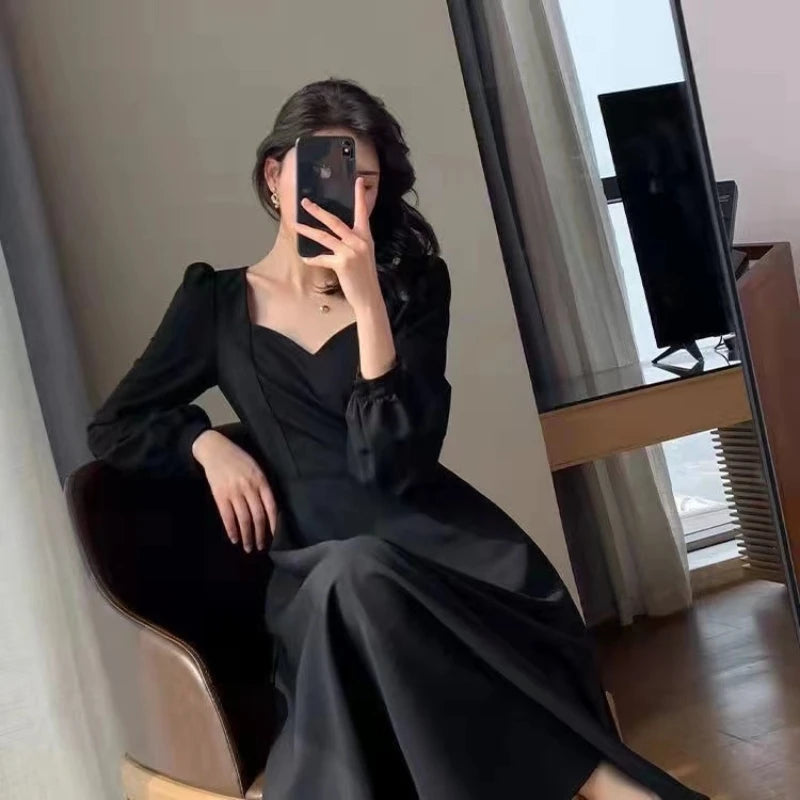 Long Puff Sleeve Solid Elegant Dress