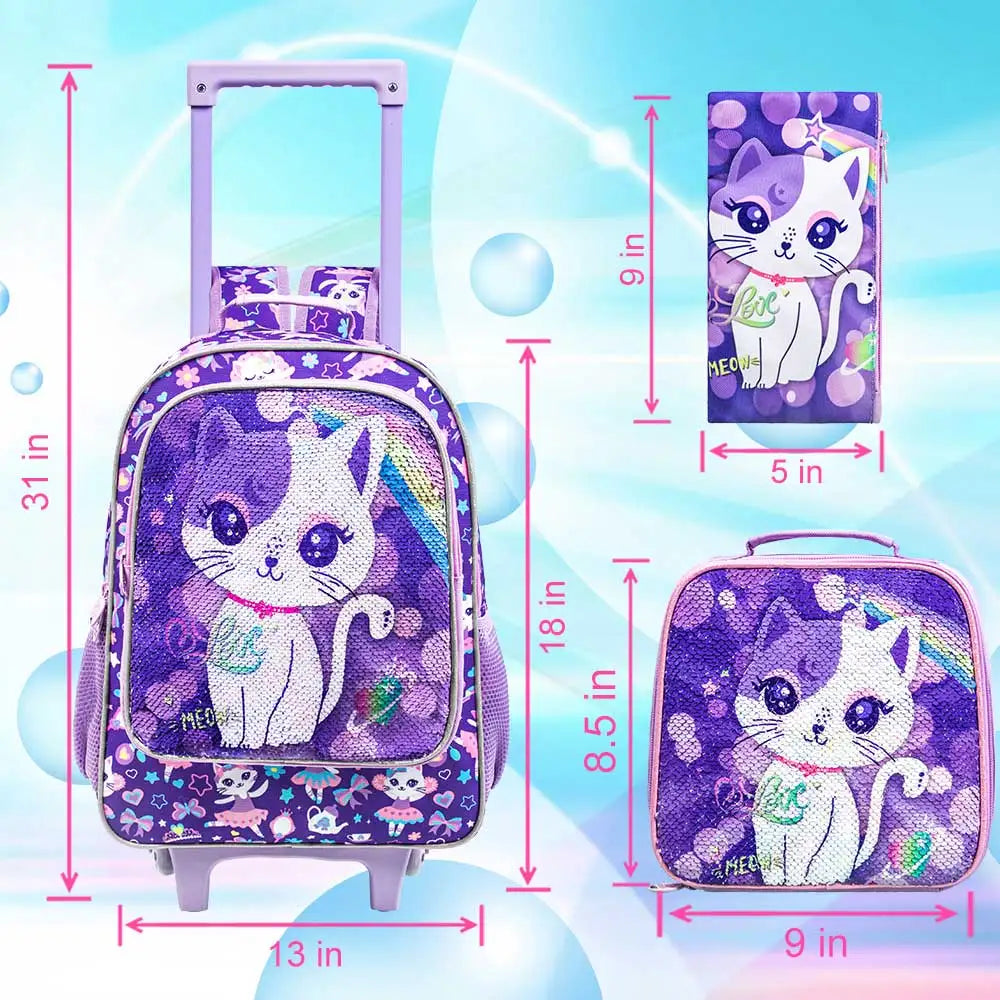 3PCS Rolling Backpack for Girls Kids Roller Wheels Bookbag