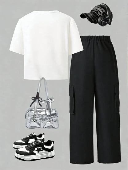 Casual stylish sporty knit crop top featuring sequin and bow prints Set
