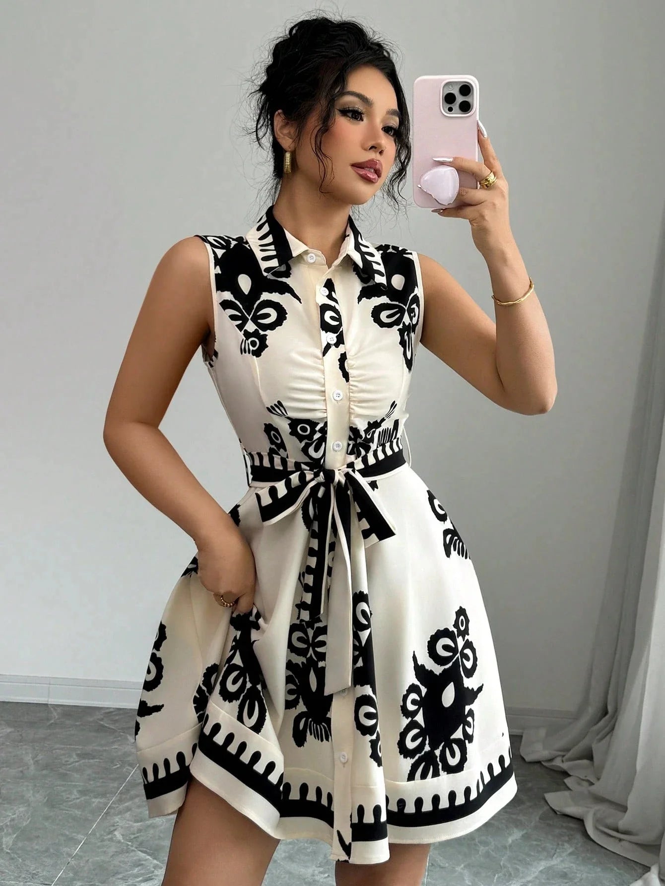Strapless Floral Print Belted Waist Dress