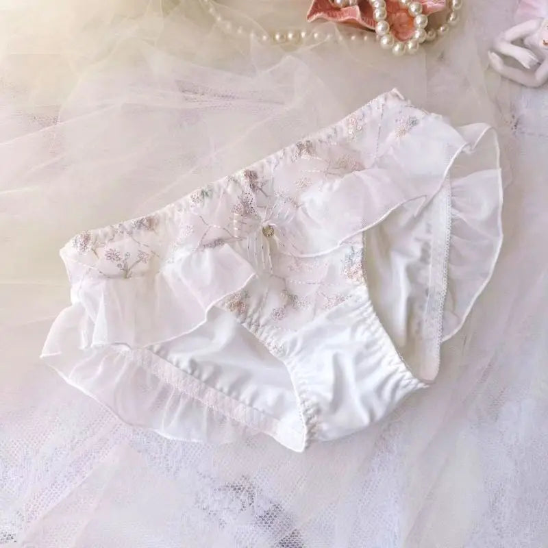Milk Silk Smooth Soft Flower Embroidery Luxury Advanced Ruffles Underwear