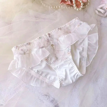 Milk Silk Smooth Soft Flower Embroidery Luxury Advanced Ruffles Underwear