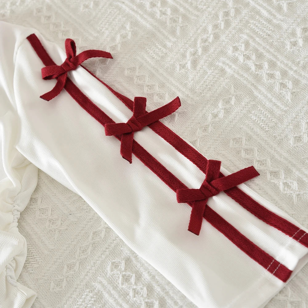 Autumn Red Bow Decoration Letter Embroidery Long Sleeved Pants Set