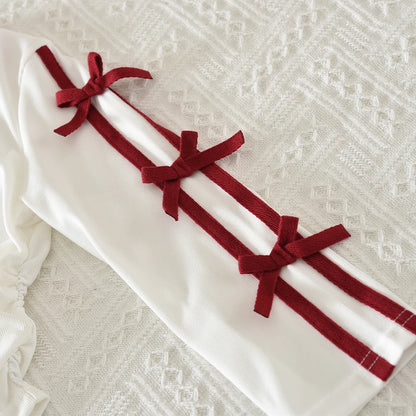 Autumn Red Bow Decoration Letter Embroidery Long Sleeved Pants Set