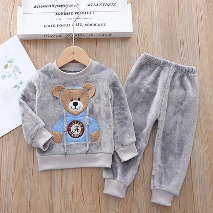 Autumn/Winter Cartoon Bear Warm Pajama Set  0-5 Years Old