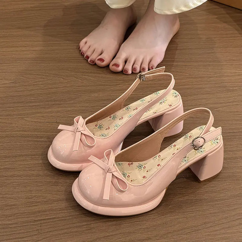 Butterfly-knot Slingback Thick Heel Buckle Strap Sandals