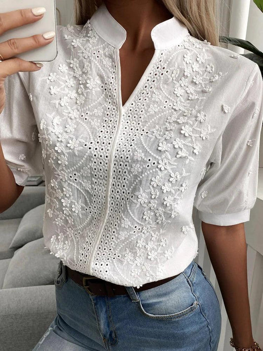 Floral Lace V Neck Casual Chic Short Sleeve Blouse