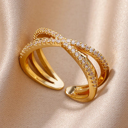 Chain Hollow Out Gold Stainless Steel Zircon Cross Ring