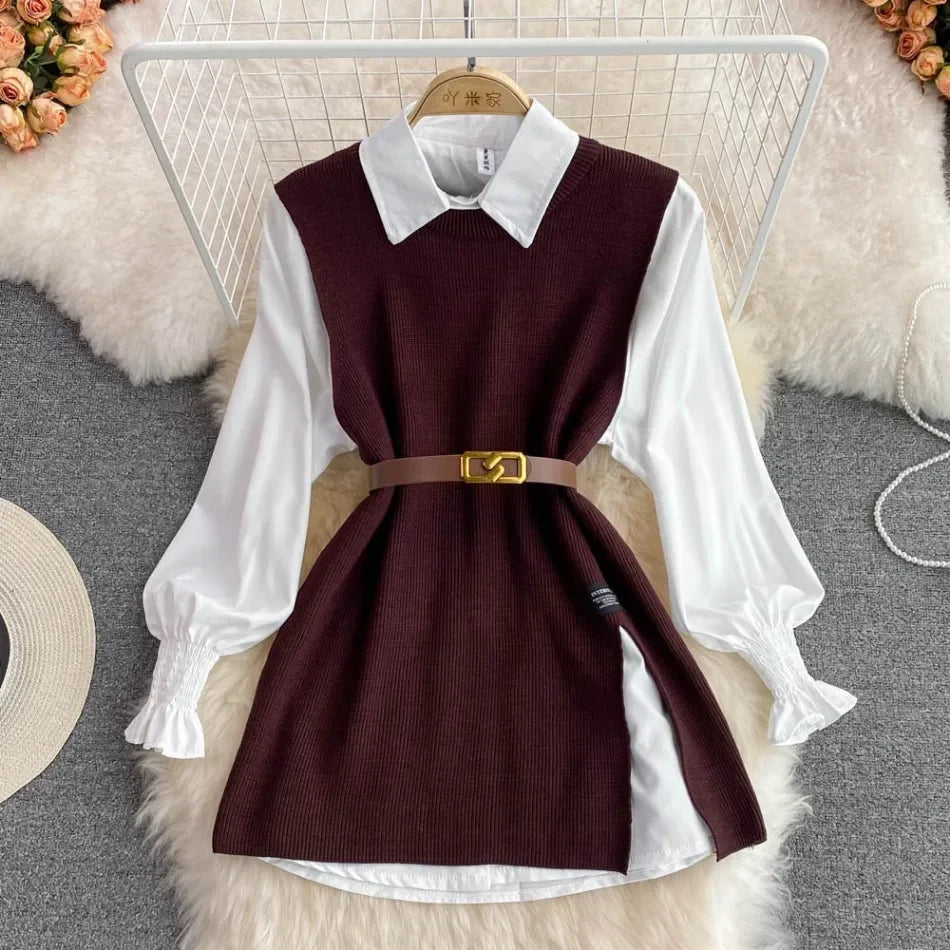 Chic Age-Reducing Long Sleeve White Shirt Sweater Loose Fit Knit Vest Pullover Set