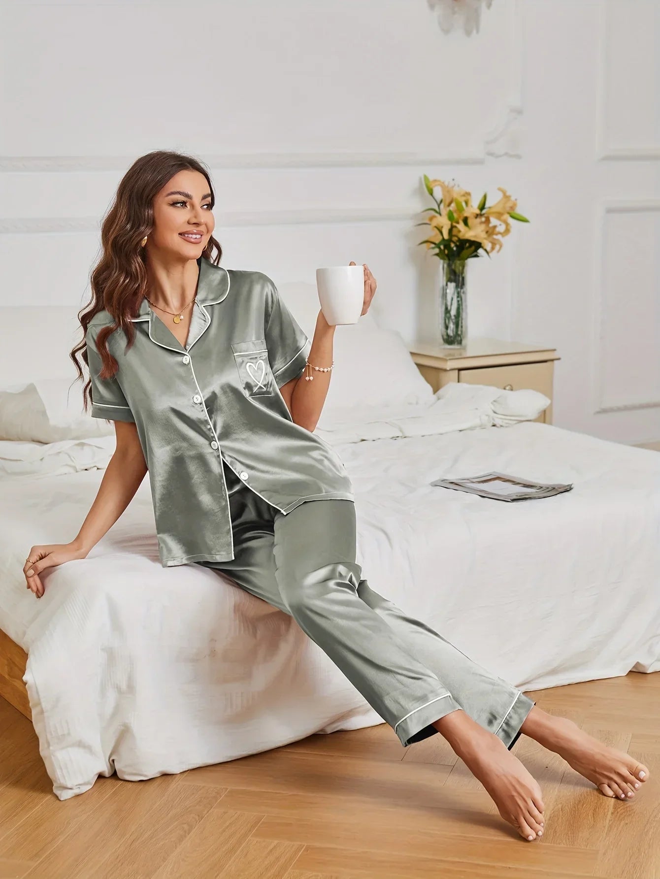 Heart Satin Short Sleeve Pyjama Set