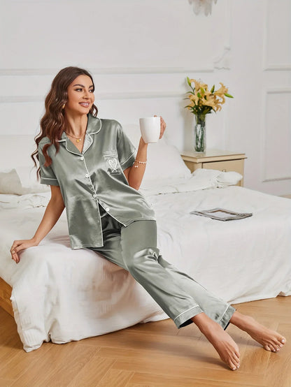 Heart Satin Short Sleeve Pyjama Set