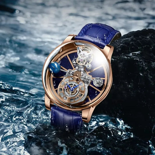 Celestial Starry Sky Curved Glass Transparent Waterproof Leather Watch