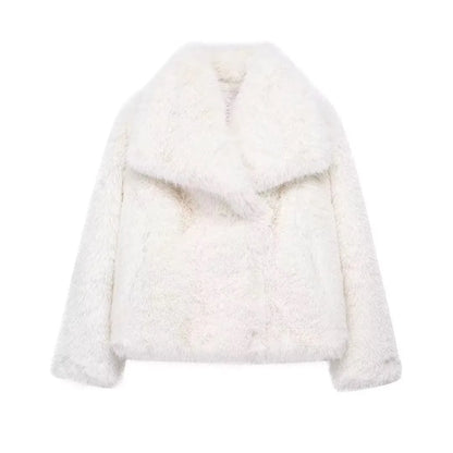 Elegant Faux Fur Warm Fluffy Loose Long Sleeve Lapel Jacket