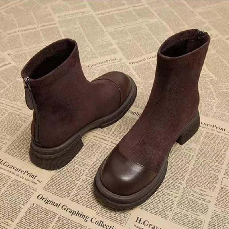 Patchwork Suede Ankle Boots Back Zipper Chunky Platform Heel Short Boots