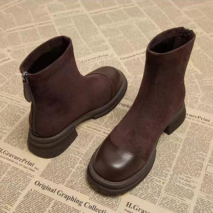 Patchwork Suede Ankle Boots Back Zipper Chunky Platform Heel Short Boots