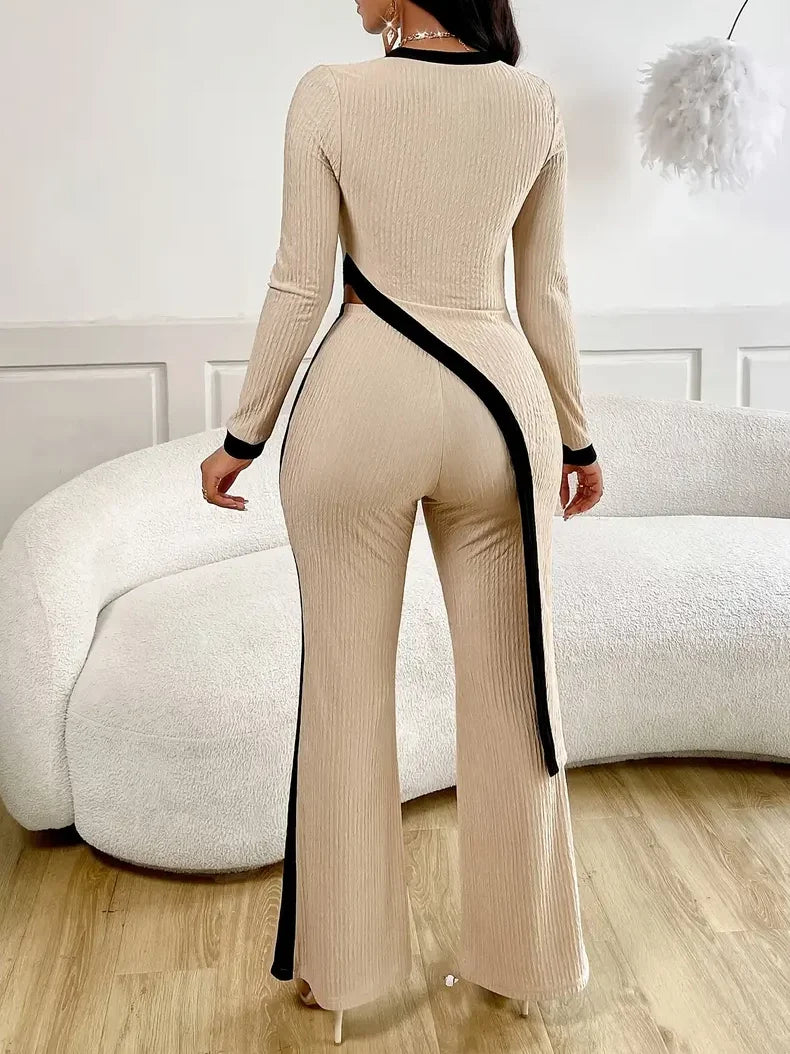 Ribbed Knit Long Sleeve Cutout Side Slit Top Contrast Strip Flare Outfit Set
