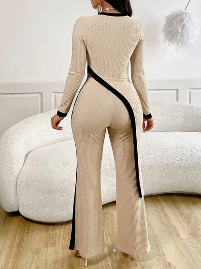 Ribbed Knit Long Sleeve Cutout Side Slit Top Contrast Strip Flare Outfit Set
