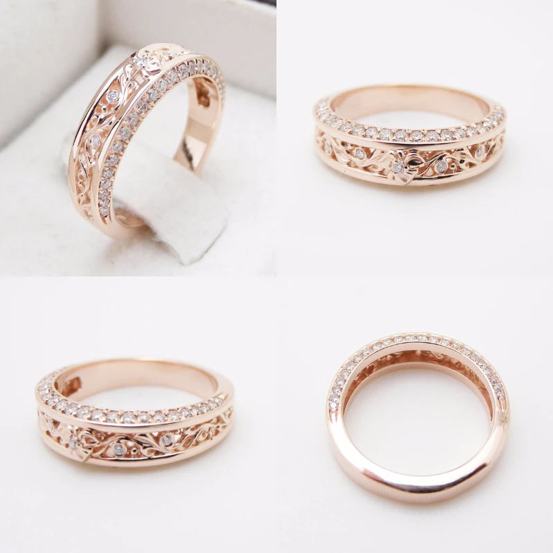 Rose Gold Shiny CZ Aesthetic Flower Pattern Rings