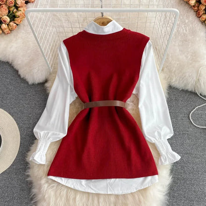 Chic Age-Reducing Long Sleeve White Shirt Sweater Loose Fit Knit Vest Pullover Set
