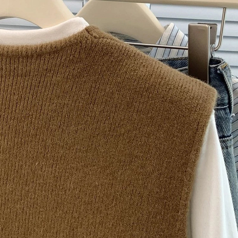 Soft Knitted Casual Button deep V-Neck Sleeveless Loose Knitwear Coats