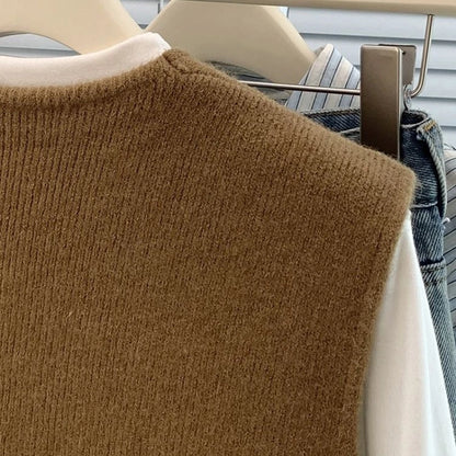 Soft Knitted Casual Button deep V-Neck Sleeveless Loose Knitwear Coats