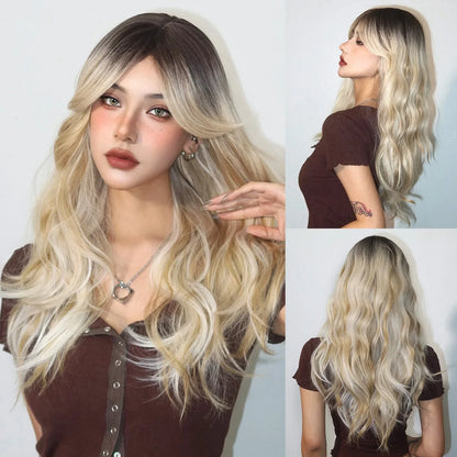Long Natural Wavy Platinum Blonde Wigs