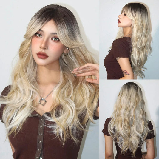 Long Natural Wavy Platinum Blonde Wigs