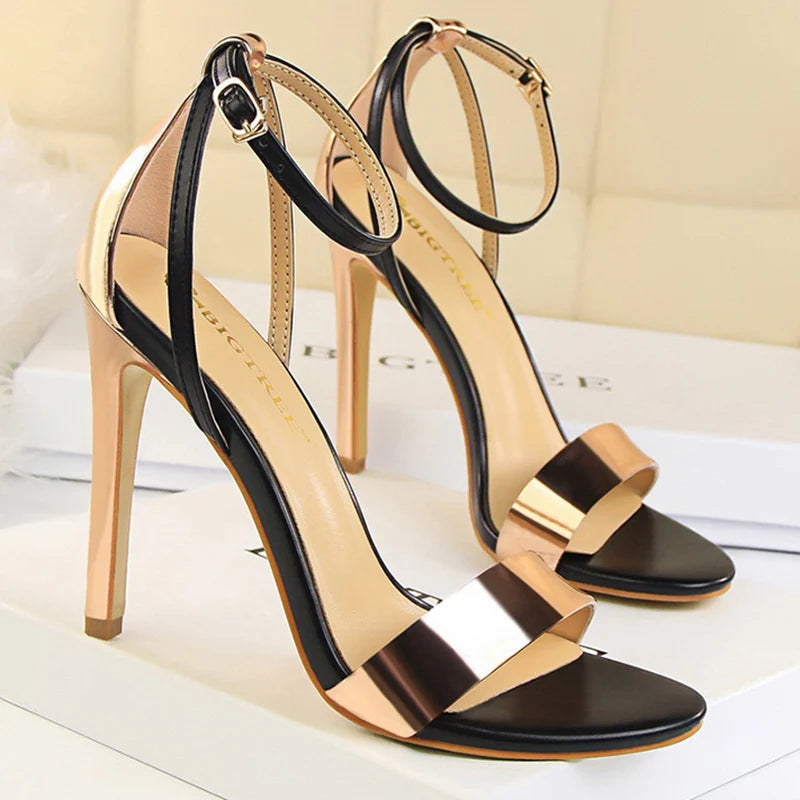 Black-White Concise Leather 11cm High Heels Sandals