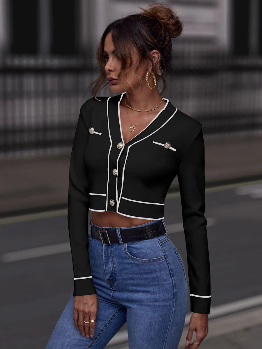 V Neck Button Front Striped  Sweater