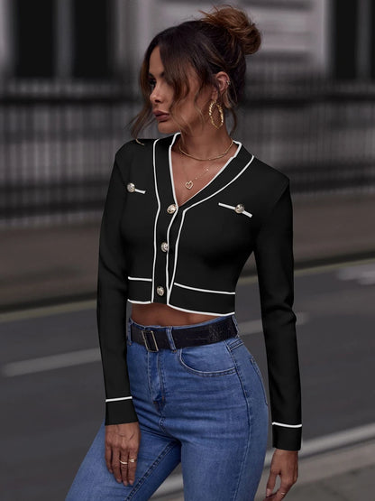 V Neck Button Front Striped  Sweater