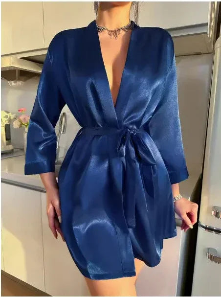 Lace-up bathrobe sexy ice silk robe