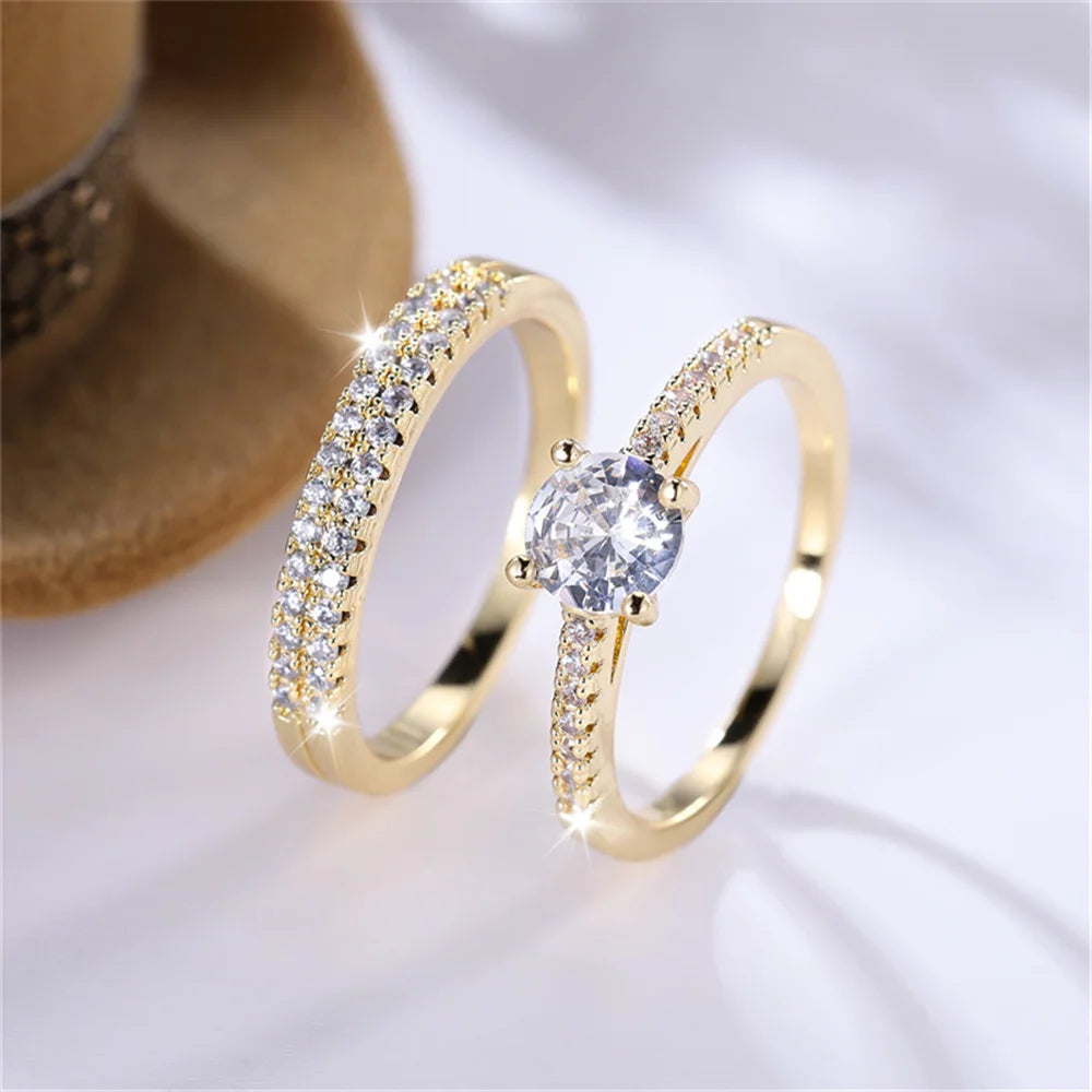 2pcs Small Round White Zircon Stone Ring Set