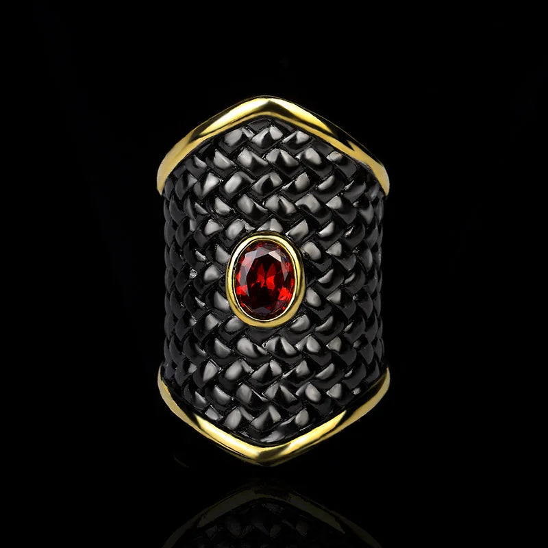 Exaggerated Black Gold Red Zircon 925 Stamp Irregular Geometric Shape Ring