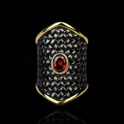 Exaggerated Black Gold Red Zircon 925 Stamp Irregular Geometric Shape Ring