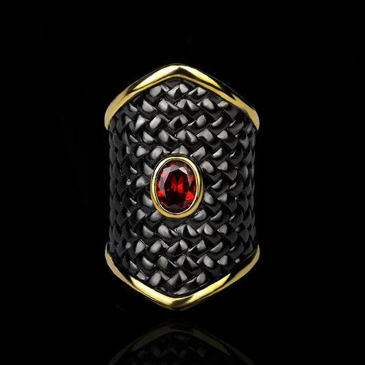 Exaggerated Black Gold Red Zircon 925 Stamp Irregular Geometric Shape Ring