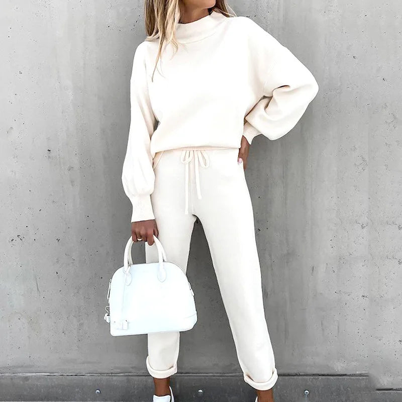 Autumn and Winter Sweater High Collar Casual Pure Color Trousers Set
