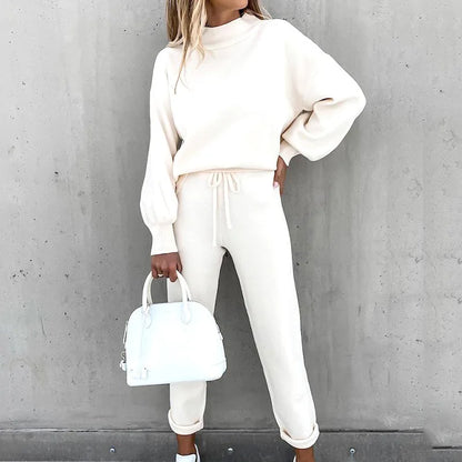 Autumn and Winter Sweater High Collar Casual Pure Color Trousers Set