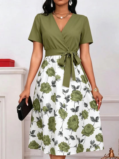 Floral Print V-Neck Tie Waist Midi Dress