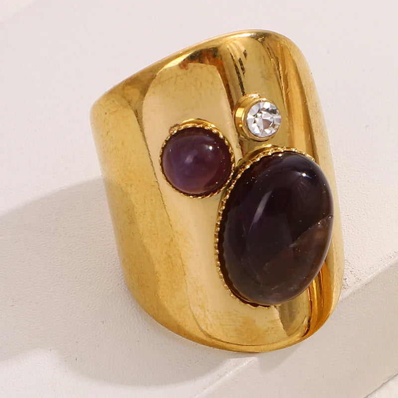 Retro Wide Stainless Steel Vintage Boho Natural Stones Zircon Rings