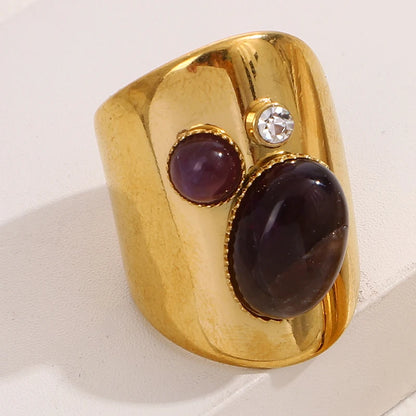 Retro Wide Stainless Steel Vintage Boho Natural Stones Zircon Rings