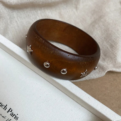 Natural Wooden Square Round Hip Hop  Rivet Beads Wide Bangles Bracelet