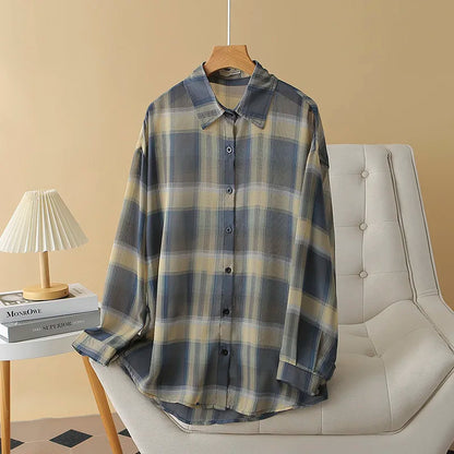 Sheer Chiffon Plaid Oversized Shirt