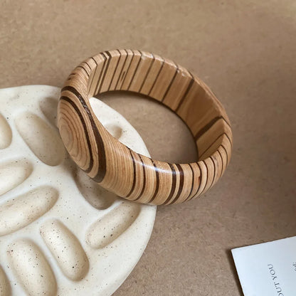 Natural Wooden Square Round Hip Hop  Rivet Beads Wide Bangles Bracelet