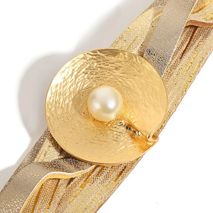 Wrinkled Textured Disc Leather Bohemian Pearl Wrap Chunky Bracelets