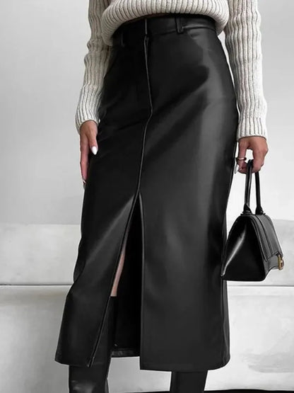 Leather High Waist Slit  Long Skirt