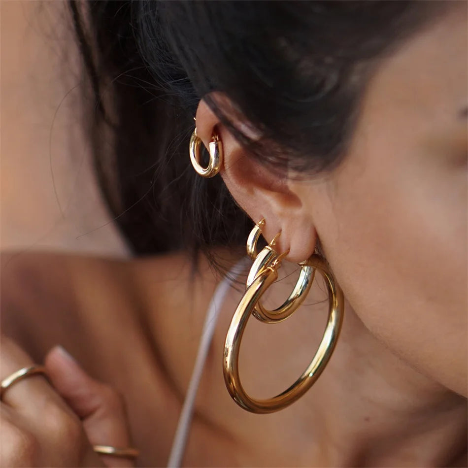 Classic Stainless Steel Ear Buckle Gold Small Large Circle Hoop Earrings