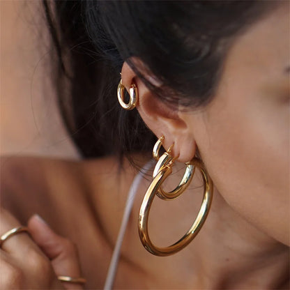 Classic Stainless Steel Ear Buckle Gold Small Large Circle Hoop Earrings