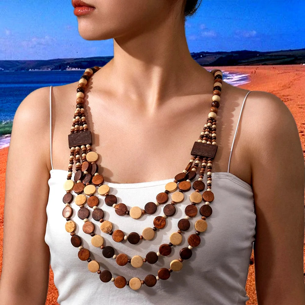 African Bohemian Handmade Geometric Wooden Necklace