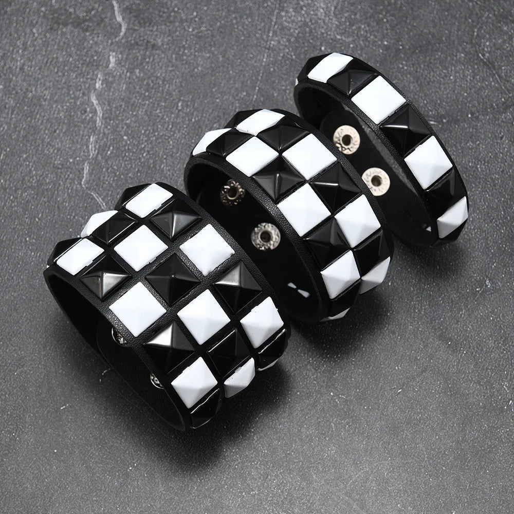 3Pcs/Set Contrasting Rivets Leather Wrist Big Wide Bracelet