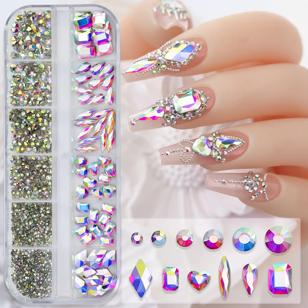 12Gird 3D Glass AB Crystal Nail Art Rhinestones Kit